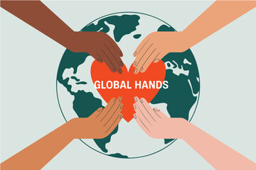 Global Hands Over Heart Earth Illustration | Diverse Hands United for World Peace, Charity and International Cooperation Visuals
