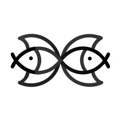 Two abstract fish intertwining in black outline representing Pisces concept of icon, vector, Zodiac Signs, astrology  