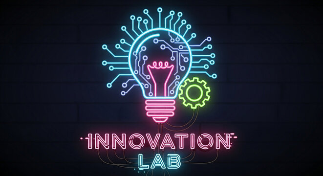 Neon sign displaying innovation lab concept with light bulb, gear, and circuit board design against a brick wall background, symbolizing technology and creativity