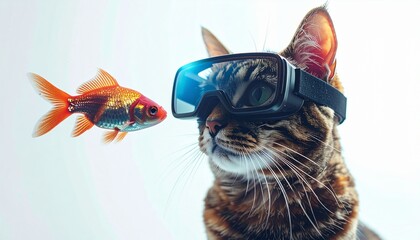 Cute cat wearing futuristic AR glasses staring at a holographic goldfish, isolated on clean background, symbolizing pet technology, augmented reality, creativity, and humorous futuristic lifestyle.