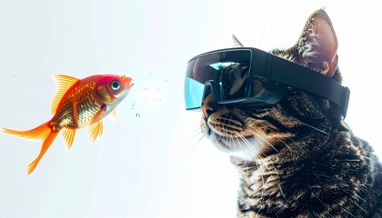 Cute cat wearing futuristic AR glasses staring at a holographic goldfish, isolated on clean background, symbolizing pet technology, augmented reality, creativity, and humorous futuristic lifestyle.