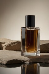 Perfume bottle on stone surface with warm studio lighting