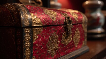 Vintage Treasure Chest: A richly detailed antique treasure chest, adorned with ornate golden accents and set against a warm, inviting backdrop, hints at secrets and untold stories.