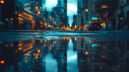Fototapeta premium City street reflection in puddle at night with buildings and lights creating a blurred cityscape view, 32k resolution