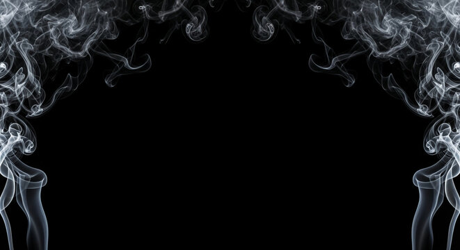 Abstract image of white smoke swirls on black background, creating elegant frame with central free space, ideal for text or logo placement