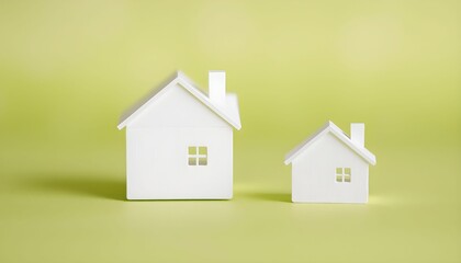 Two white miniature houses, one larger than the other, are placed on a plain light green background.