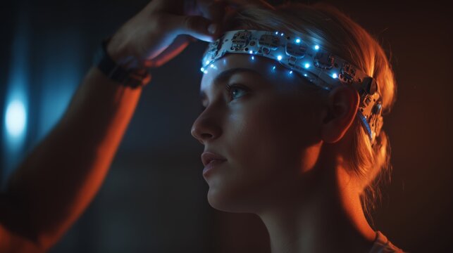 Close up of hand placing EEG headband on subject in neon lit lab for biometric brainwave monitoring