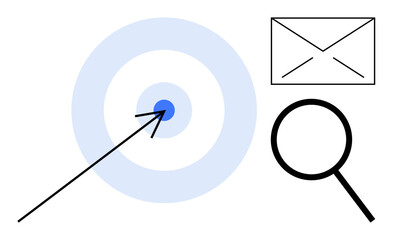 Arrow striking bullseye for focus, magnifying glass for research, envelope for messaging. Ideal for business strategy, marketing, goal setting, communication, research analysis targeting. Simple