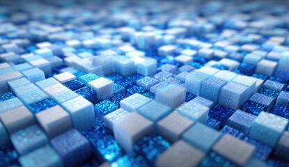 Obraz premium An abstract digital landscape of varying sized cubes in cool blue, white, and clear tones
