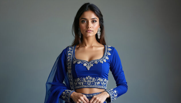 Indian woman wears elegant royal blue lehenga choli with silver embroidery. Her festive outfit includes sparkling jewelry. This traditional garment suits formal events and celebrations.