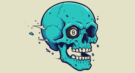 Turquoise skull with an eight ball eye in a stylized graphic illustration style
