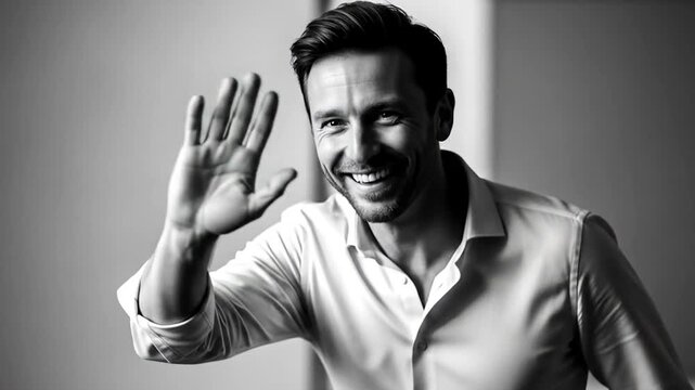 Smiling man in a white shirt waving hello in a modern, softly lit interior setting