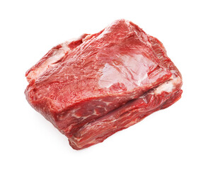 Piece of raw beef meat isolated on white, top view