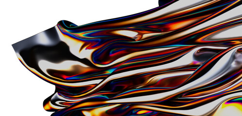A vibrant, artistic abstract image showcasing iridescent, metallic textures with flowing, organic shapes. A captivating visual of liquid metal o