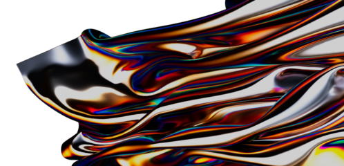 A vibrant, artistic abstract image showcasing iridescent, metallic textures with flowing, organic shapes. A captivating visual of liquid metal o