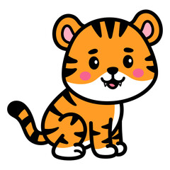 Cute Orange Tiger Cub Sitting With Black Stripes White Belly And Paws Pink Cheeks And Black Eyes Adorable Cartoon Animal Character With Transparent Background