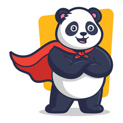 Cute Panda Character Wearing a Red Cape and Scarf With Arms Crossed In Front of a Yellow Square Background