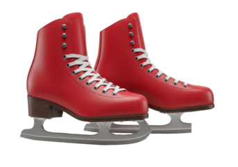Pristine deep red figure ice skates with white laces, polished silver blades, on a seamless transparent studio background, soft shadow and copy space, concept of winter sports readiness