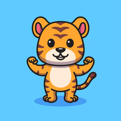 Cute Pixel Art Tiger Flexing Muscles Cartoon Style Orange and Black Stripes Bright Blue Background