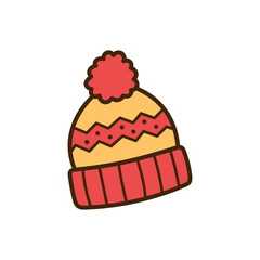 Cute pixel art winter beanie hat with red pompom and striped pattern in yellow and red colors warm winter accessory isolated on white background