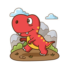 Cute Red Cartoon T-Rex Dinosaur Walking in a Stylized Landscape with Mountains and Clouds