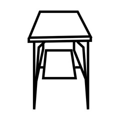 Minimalist black and white vector illustration of a desk or table with simple geometric lines, isolated on white background.