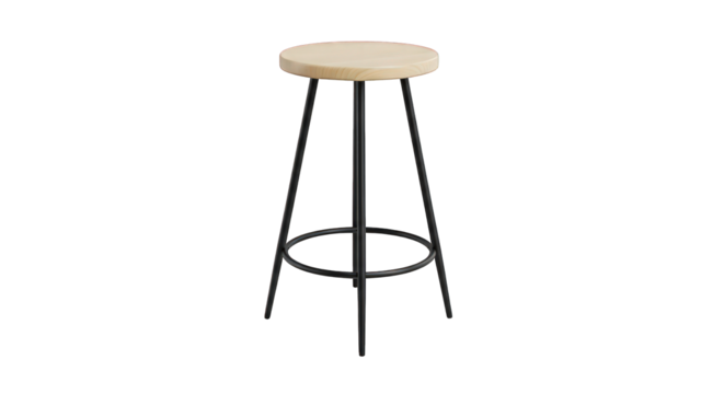 Minimalist wooden bar stool with metal legs isolated on transparent background