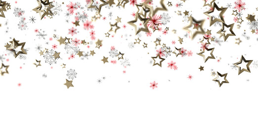 Christmas and holiday background with falling golden stars and snowflakes on a bright white backdrop, perfect for festive designs and celebratio