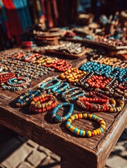 Colorful Bracelets Displayed: A vibrant collection of handcrafted bracelets in various colors, designs, and materials, artfully arranged on a weathered wooden table.