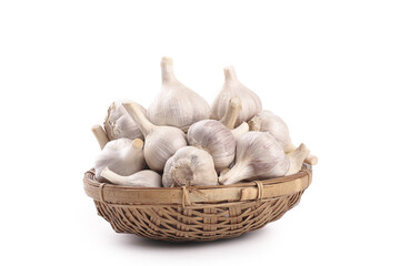Fresh White Garlic Bulbs in Wicker Basket - Shandong Farmers Market Produce on White Background