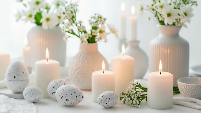 Easter table setting with eggs, candles, and flowers