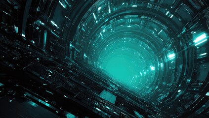 Perspective shot of a futuristic, cylindrical, illuminated tunnel with complex inner workings