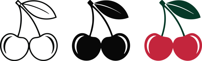 Minimal illustration of cherries in three styles including line drawing, black silhouette, and red fruit with green leaf on white background