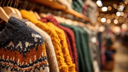 warm knitted sweaters hanging in store
