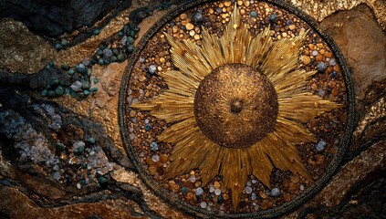 Close-up shot of a circular golden art piece resembling a sunflower against a textured background