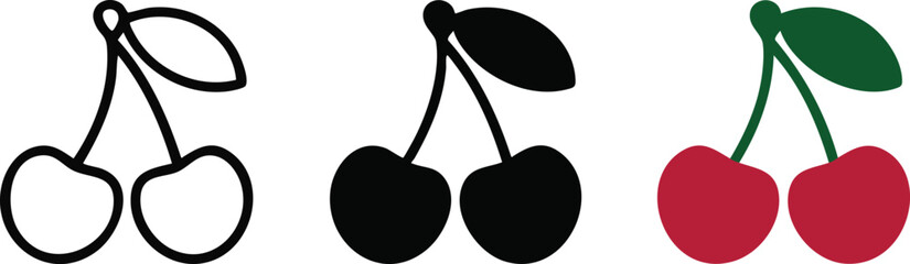Minimal illustration of cherries in three styles including line drawing, black silhouette, and red fruit with green leaf on white background