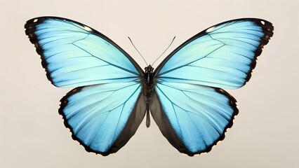Obraz premium Blue Morpho Butterfly with Spread Wings on Dark Background – Nature Portrait Featuring Iridescent Blue Coloration, Symmetry, and Biological Detail, Editorial, Wildlife, Science, Beauty, Environment