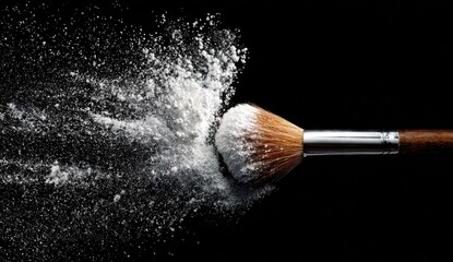 Cosmetic brush releasing white powder, creating a soft cloud effect against a black background