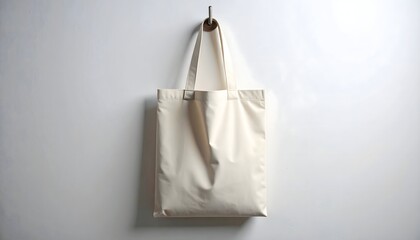 Minimalist canvas tote bag mockup hanging on a white wall for product display, clean aesthetics
