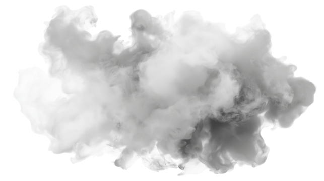  dense cloud formation with a gradient shade of gray. Isolated on transparent background, png