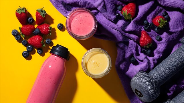 Flat lay of fruit smoothies, gym gear, and water bottle on a vibrant background. Concept:
Healthy living, fitness, nutrition, active lifestyle, wellness, minimalism.