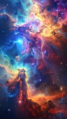 Cosmic Nebula in Vivid Hues: Blue Orange and Red Gaseous Clouds