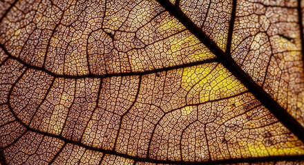 Close-up of brown leaf veins, intricate network pattern, showcasing nature's detail, representing fragility and organic texture, ideal for nature or science concepts