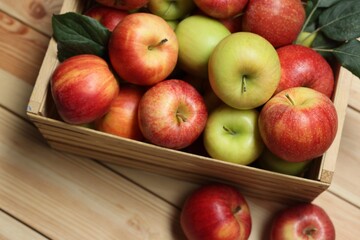 Fresh apples in crate and green leaves on wooden table, above view