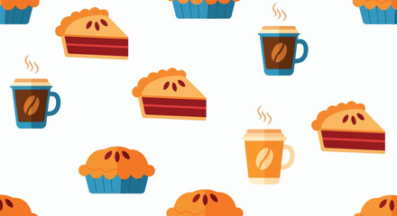 Cozy autumn dessert pattern delicious slice of pie and hot coffee cup seamless repeat vector