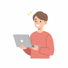 Flat Illustration Cheerful Young Man Holding and Using Laptop Computer