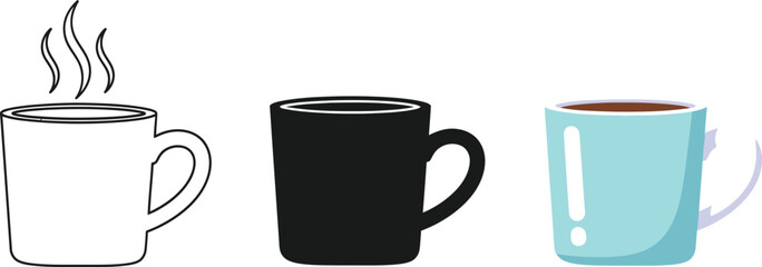 Coffee Mug Icon Set &ndash; Line Art, Silhouette, and Colorful Cup Vector Illustration