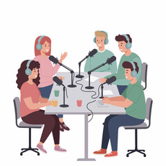 Flat Cartoon Group Podcast Recording Session with Microphones Illustration