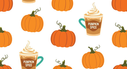 Autumn pumpkins and pumpkin spice latte seamless pattern for seasonal designs vector