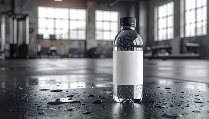 Hydration product shot on a wet, black gym mat with fitness equipment and windows in the background